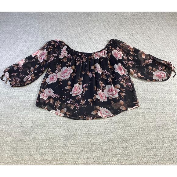 American‎ Eagle Floral Blouse XL Sheer Black Pink Rose Off Shoulder Top - Picture 1 of 4